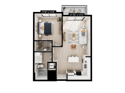 Floor plan for 1 bed, 1 bath, 718 sqft